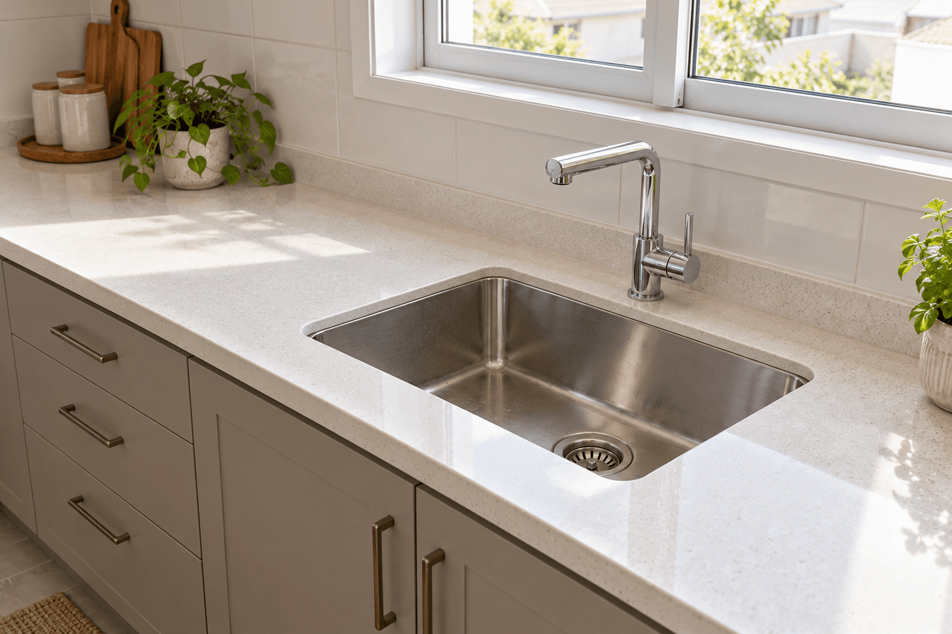Bancada de quartzo com cuba de inox e torneira