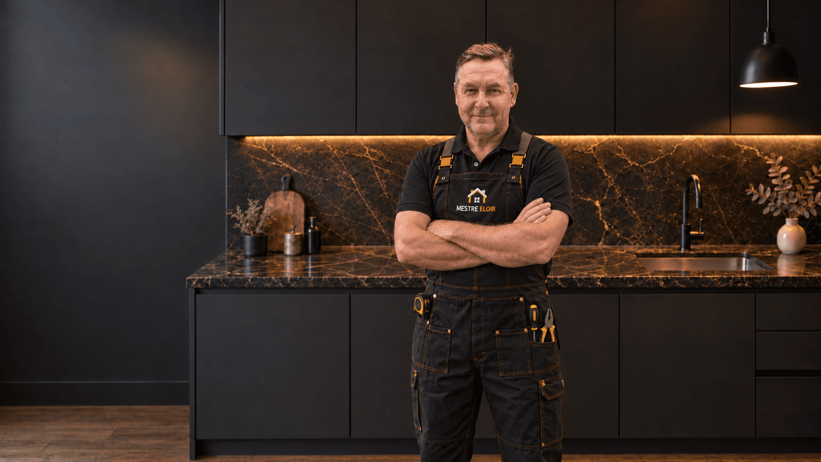 Profissional de braços cruzados, com uniforme Mestre Eloir, em uma cozinha com bancada de pedra
