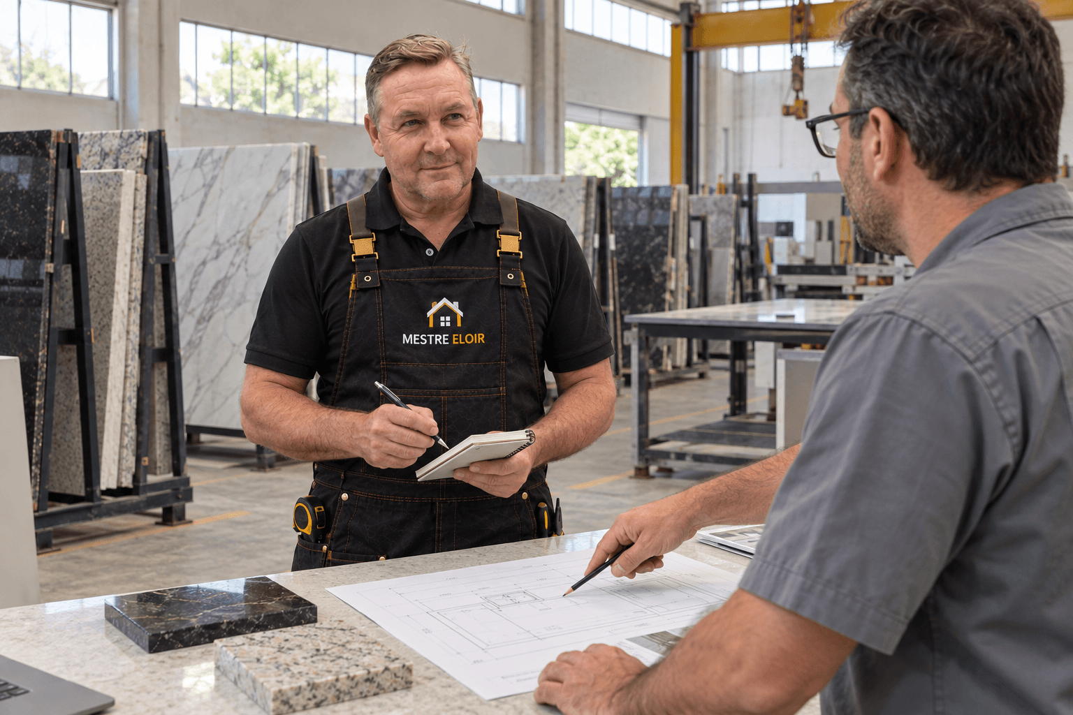 Profissional da marmoraria apresentando um projeto ao profissional da Mestre Eloir, que faz anotações